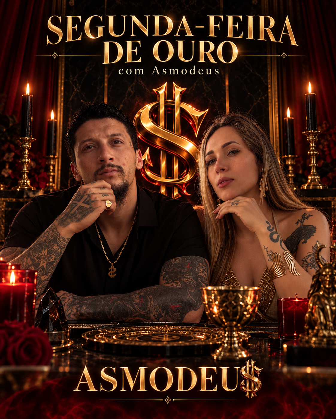Arte da ritualística Segunda-feira de Ouro com Asmodeus, com a Sacerdotisa Ingrid Tonetti Sampaio e o Mestre Sampaio.
